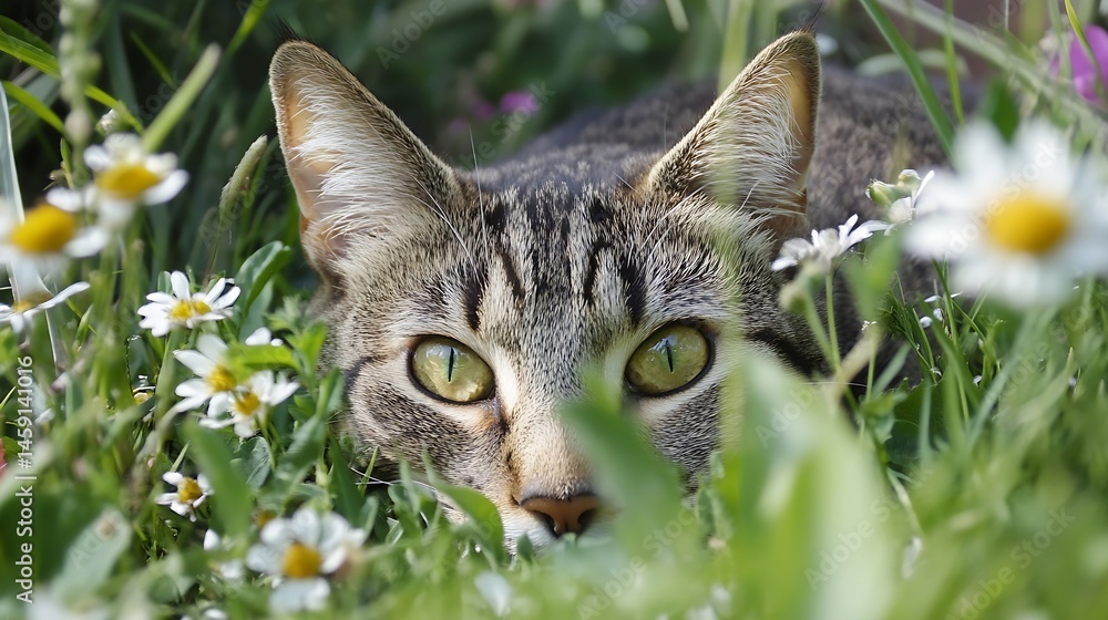 Poster a curious tabby cat with striking green eyes peeks from behind a vibrant patch of daisies and lush g