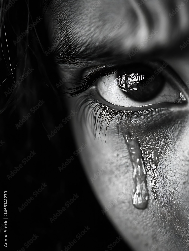 Poster close-up monochrome image of a child's eye with a single tear rolling down their cheek, conveying sa