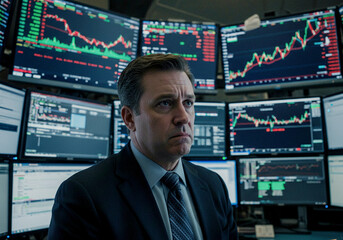 Fototapeta premium Stock Trader in Front of Monitors with Market Charts — A man in a suit stands before multiple screens displaying stock market data and charts, suggesting a high-stress trading environment.