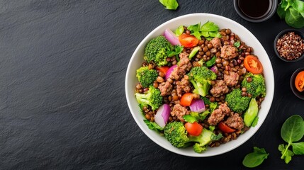 A colorful bowl of fresh salad with ground meat, broccoli, tomatoes, greens, and grains on a dark textured background.