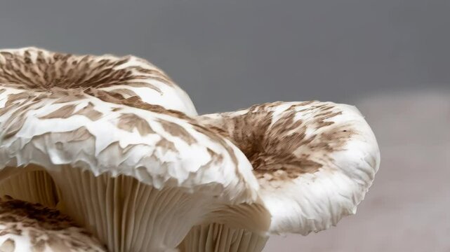 Closeup of several edible umbrella mushrooms with textured white caps and visible gills growing on dirt substrate against plain background