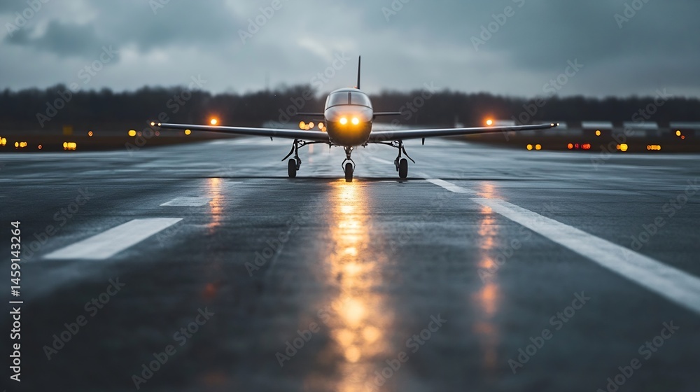 Poster small private airplane taxiing on a wet runway at dusk, lights reflecting on the tarmac. the aircraf