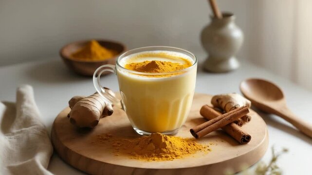 Golden turmeric latte in a cup made with curcuma powder. Turmeric latte with almond milk, ginger, turmeric, and cinnamon served in a mug, sugar-free and lactose-free. Healthy drink.