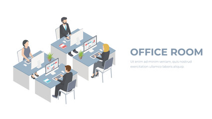 Isometric flat 3d abstract office floor interior departments concept vector. conference hall, offices, workplaces, director of the office interior
