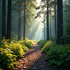 Fototapeta premium Sunlit forest pathway with verdant shrubs
