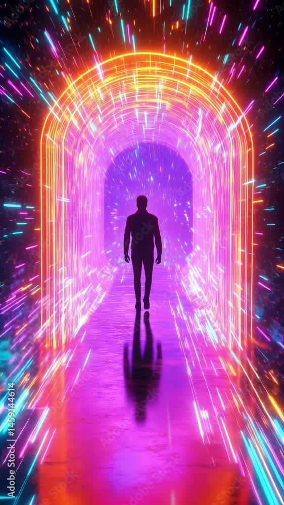 Poster a silhouetted man walks through a vibrant tunnel filled with colorful lights and sparkles, creating 