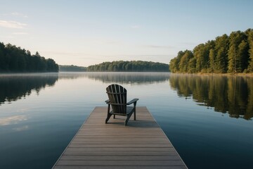 Naklejka premium Serene lakefront wooden dock chair.