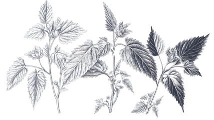 Detailed botanical illustrations of plant foliage in grayscale.