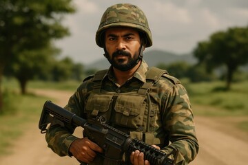 Fototapeta na wymiar Soldier in camouflage gear outdoors.