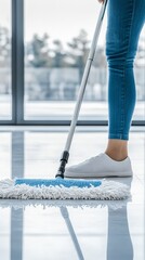 Person Mopping Floor in Bright Living Room for Cleanliness