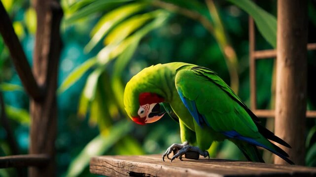A lone parrot resting on a platform