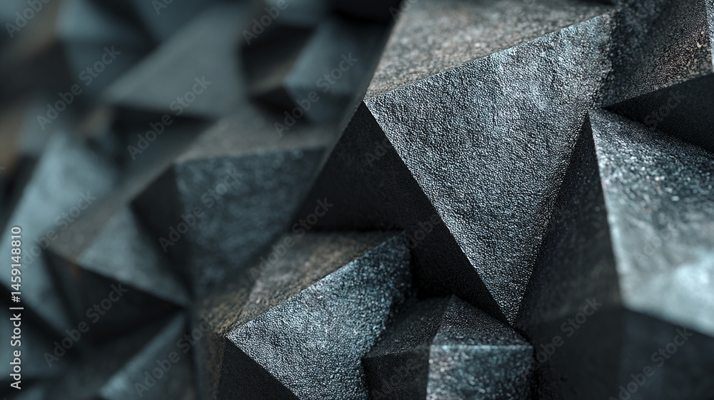 Poster dark gray textured geometric shapes, creating a rough and deep appearance, showcasing a strong, indu