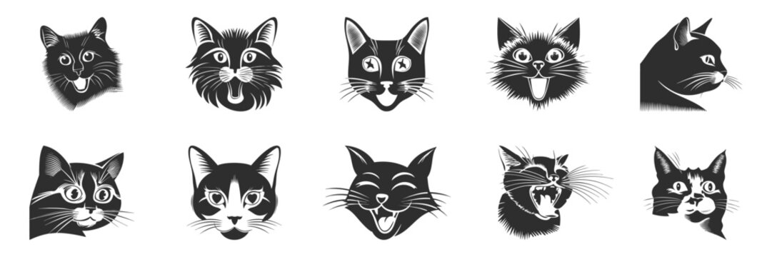 Cat Expressions Silhouette Set. Diverse Feline Emotions And Reactions Isolated Vector Illustration Collection