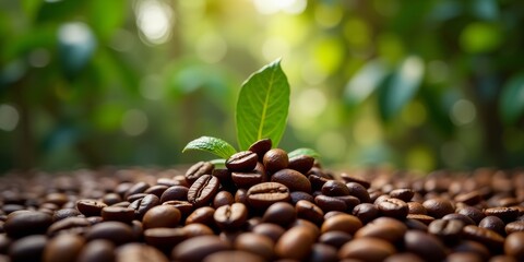 Obraz premium A single green coffee leaf sits atop a pile of coffee beans on the ground, with a blurred background of more leaves and plants
