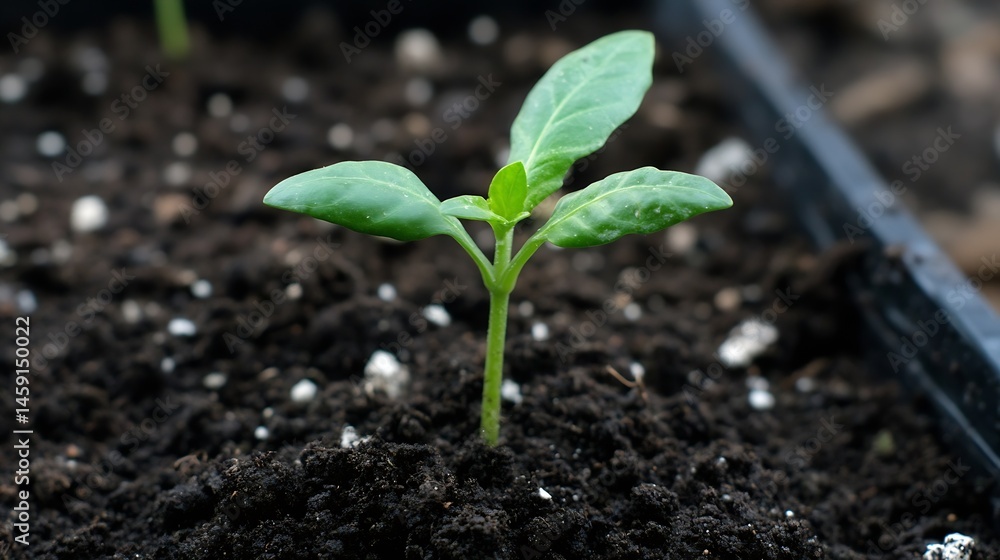 Poster a single vibrant green seedling emerges from dark soil, its two leaves unfurling towards the light, 