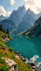 Campa?a tienda amarilla montada cerca de un lago en paraje natural con puesta de sol dorada, sol, iluminaci?n