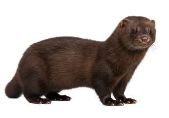 Sleek brown mink standing alert against a black backdrop eyes gazing forward