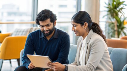Indian Team Exchanging Ideas Over Tablet in Chill Work Lounge
