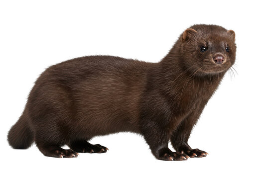 Sleek brown mink standing alert against a black backdrop eyes gazing forward