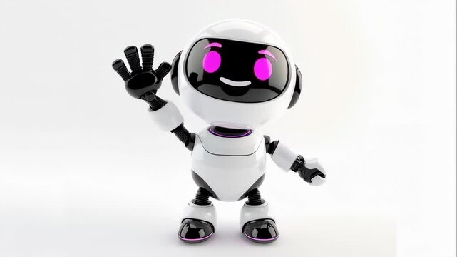 Smiling cartoon robot toy standing, greets and waves his hand.. Future of artificial intelligence. Modern futuristic technology for machine learning. Educational toy for children, robotics concept.