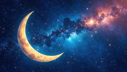 Fototapeta premium Celestial canvas with crescent moon and twinkling stars, night sky, twinkling stars
