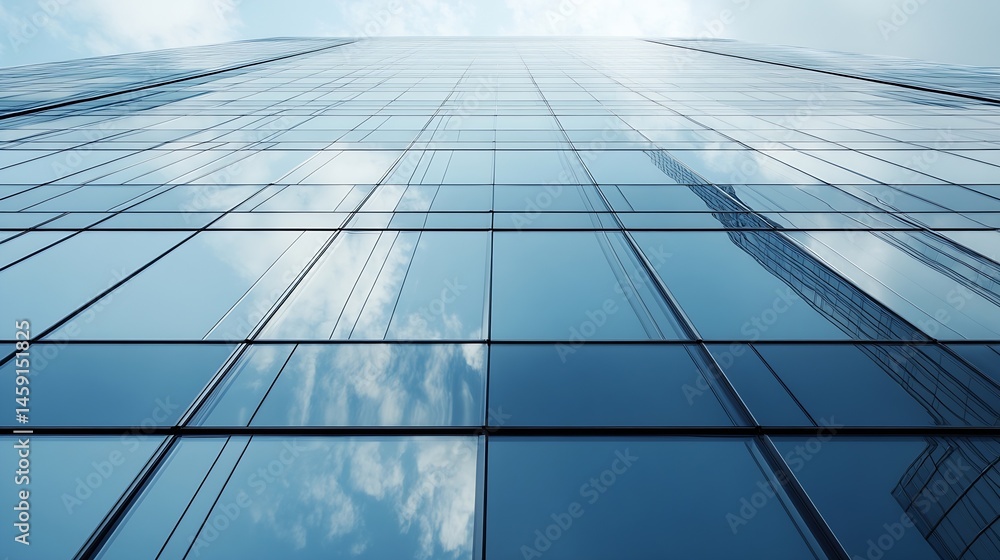 Poster low-angle view of a modern glass skyscraper reflecting clouds and another building, showcasing its s