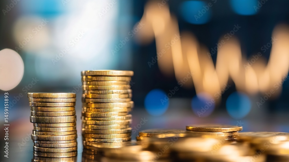 Aufkleber close-up of stacks of gold coins against a blurred background of a financial chart, symbolizing grow
