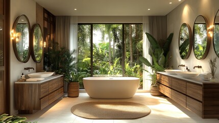 Tranquil, modern bathroom interior design with lush views.