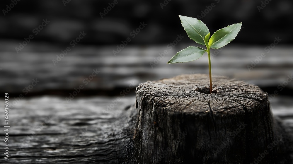 Poster a tiny green sprout emerges from a dark, weathered tree stump, symbolizing resilience and new growth
