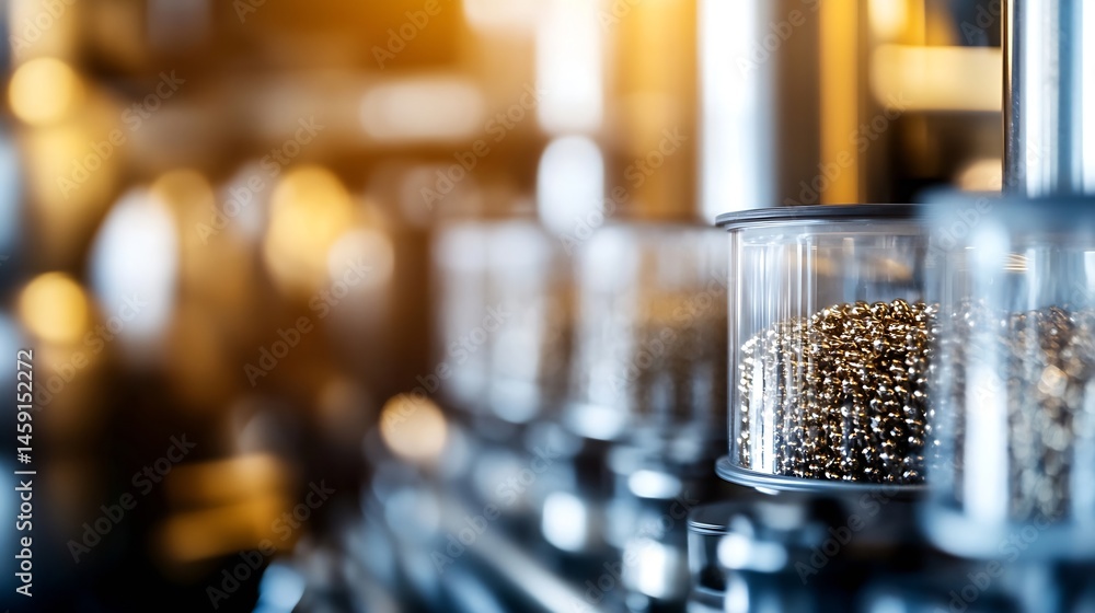 Poster close-up view of small golden metallic parts in transparent cylindrical containers within an industr