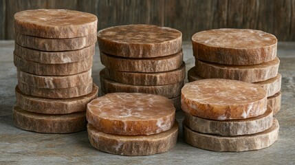 Stacked, round, raw, food items