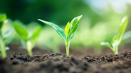Fototapeta premium A vibrant young seedling emerges from rich soil, its bright green leaves reaching towards sunlight in a lush natural setting. : Generative AI