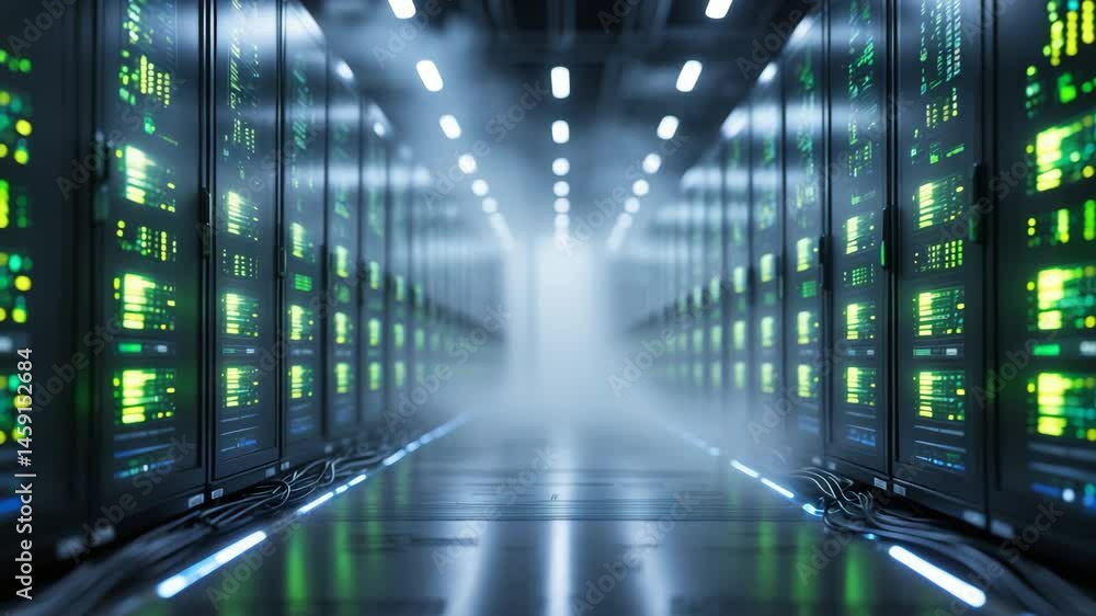 Poster digital image depicting data processing over server room with technology, business, and digital inte