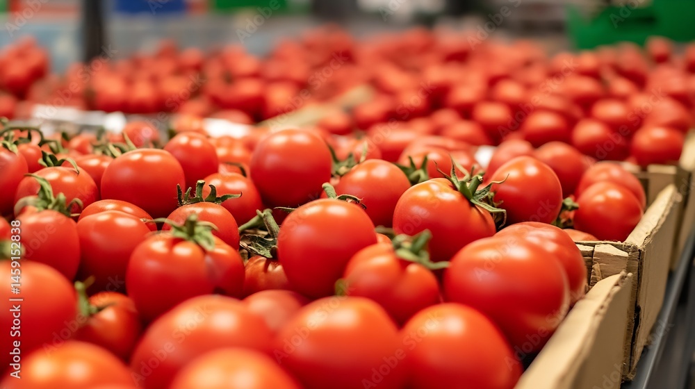 Poster a close-up shot of many ripe red tomatoes in a cardboard box at a supermarket, showcasing their vibr