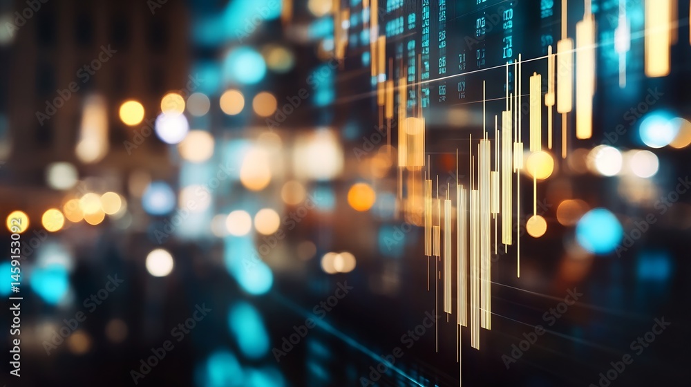 Poster abstract stock market chart overlayed on a blurred city night scene, showcasing dynamic candlestick 