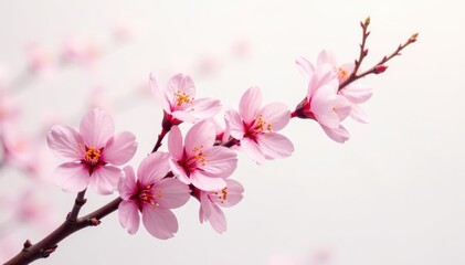 Naklejka premium Cherry blossom branch with delicate pink petals unfolding into a seamless wave-like pattern on a soft white background, cherry blossoms, art