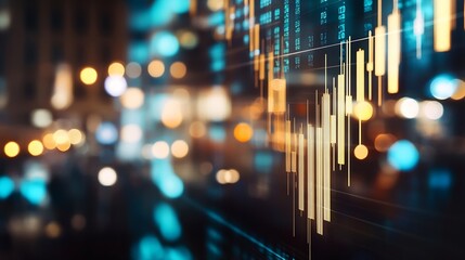 Abstract stock market chart overlayed on a blurred city night scene, showcasing dynamic candlestick patterns and vibrant bokeh lights. : Generative AI