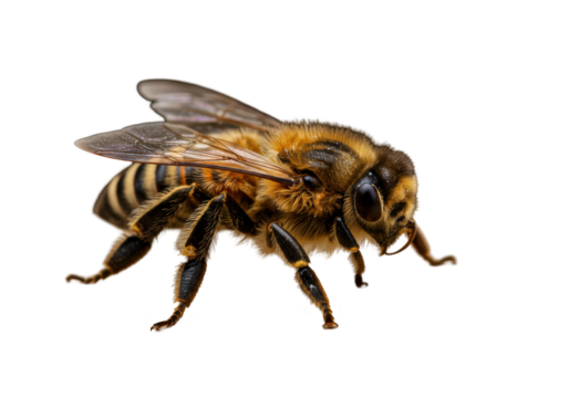 Striking honeybee A detailed closeup on black wings spread legs braced for flight