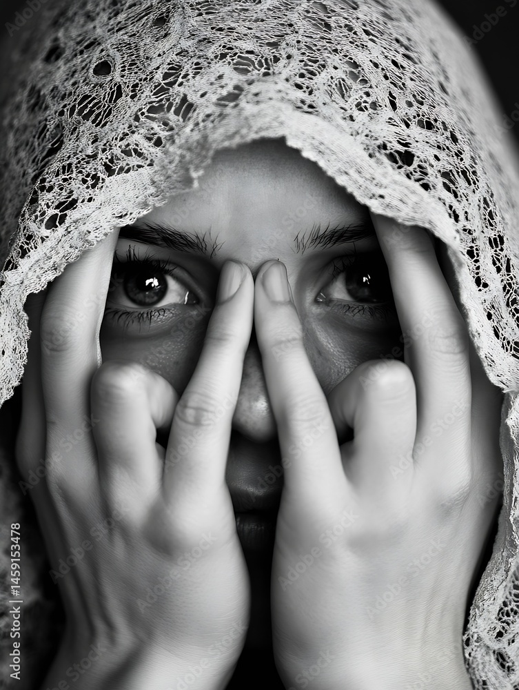 Leinwandbilder a woman's face is partially obscured by her hands and a delicate, lacy veil, creating a mood of myst
