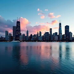 Fototapeta premium Chicago City Skyline Reflecting on Lake Michigan, chicago cityscape, architecture