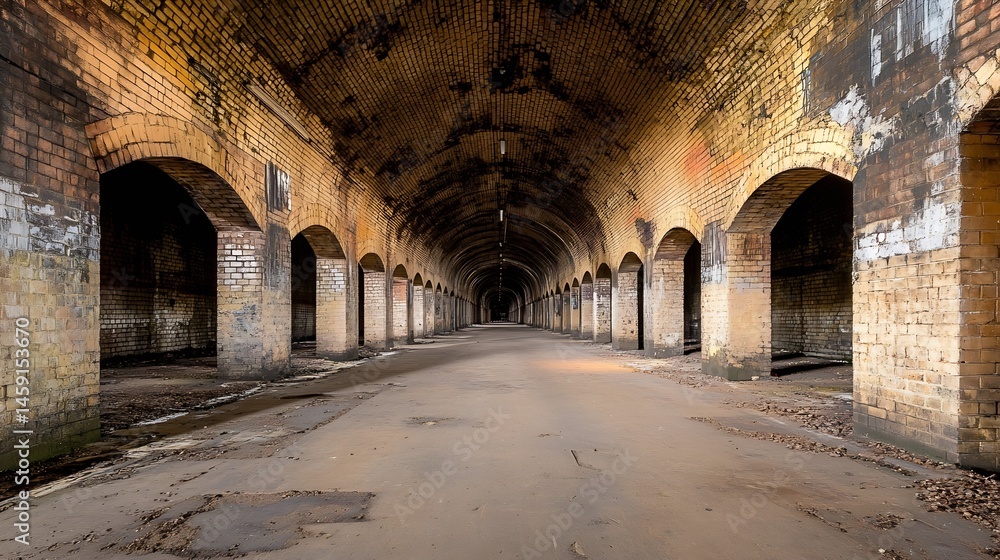 Aufkleber a long, dimly lit brick tunnel with arched ceilings and pillars, showing signs of age and decay, ext