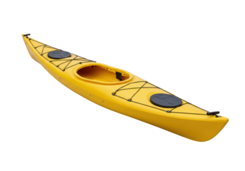 Sunny yellow kayak on a black background featuring storage hatches and bungee cords for gear
