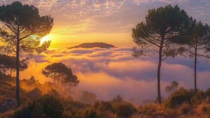 Sunset landscape silhouette trees sky nature environment