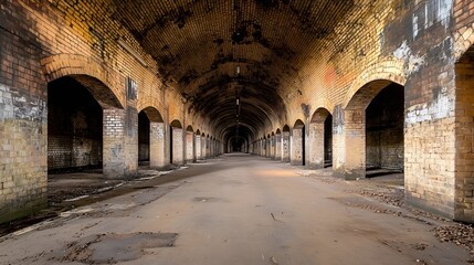 Obraz premium A long, dimly lit brick tunnel with arched ceilings and pillars, showing signs of age and decay, extends towards a distant light source. : Generative AI