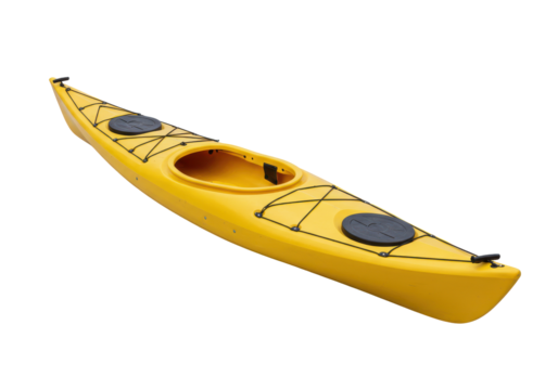 Sunny yellow kayak on a black background featuring storage hatches and bungee cords for gear