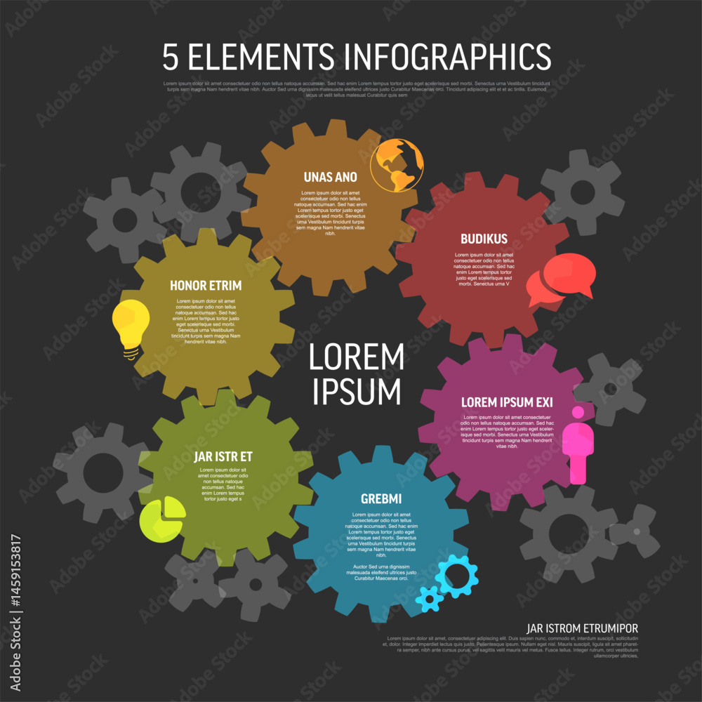 Poster colorful 5-element infographic template. the design features interconnected gears to illustrate a co