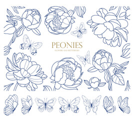 Sketch fluttering butterfly. Set of blue line butterflies. Collection of butterflies. Vector graphic illustration. Butterflies clipart. Summer, spring design element. Party invitation, birthday decor