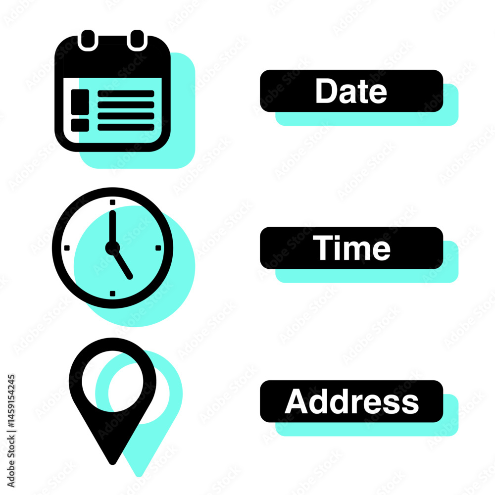 Poster time, date and address symbol set isolated on transparent background