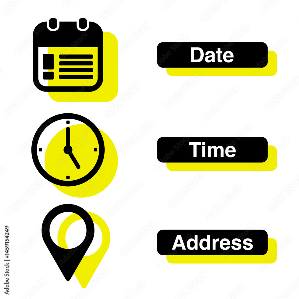 Poster time, date and address symbol set isolated on transparent background