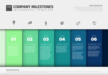 Clean infographic template showing six company milestones. This step-by-step infographic template displays a linear process, perfect for business presentations and history reports.